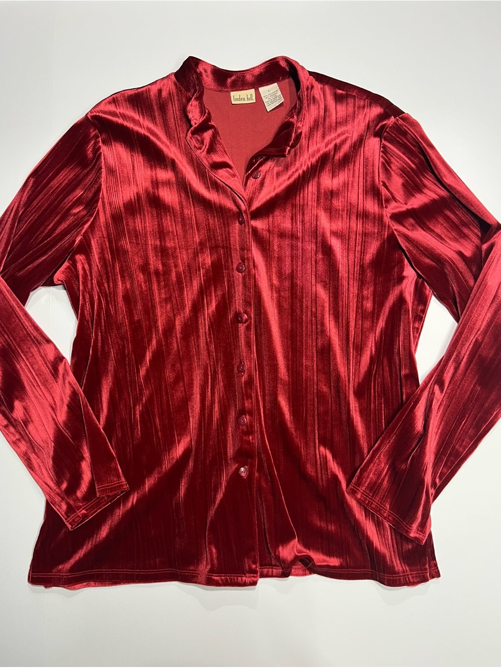 Vampy Linden Red Velvet Like Button-Down Blouse